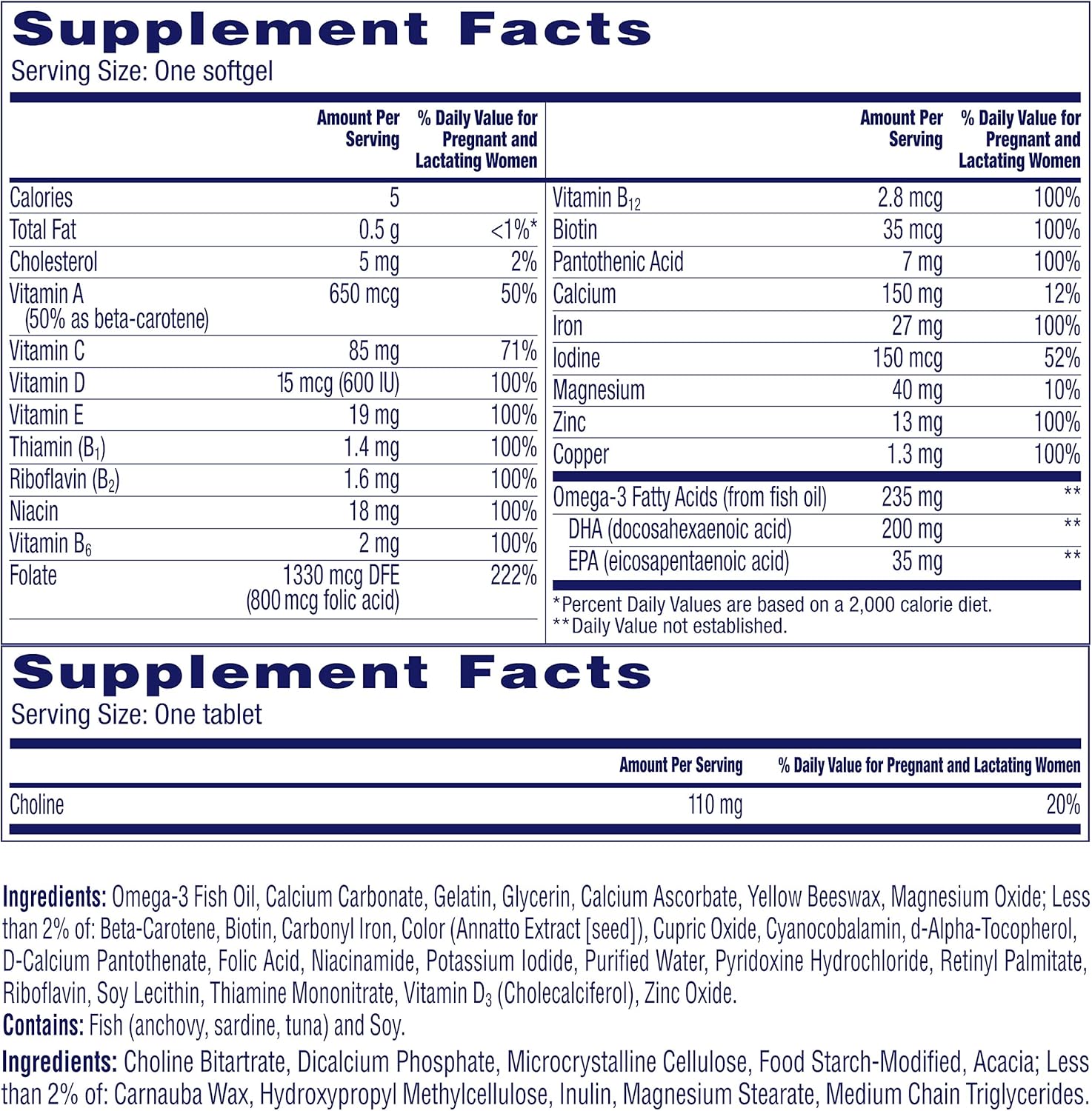 Prenatal Multivitamin with Brain Support for Women - Choline, Folic Acid, Omega-3 DHA & Iron - 180 Count for Pre, During, and Post Pregnancy