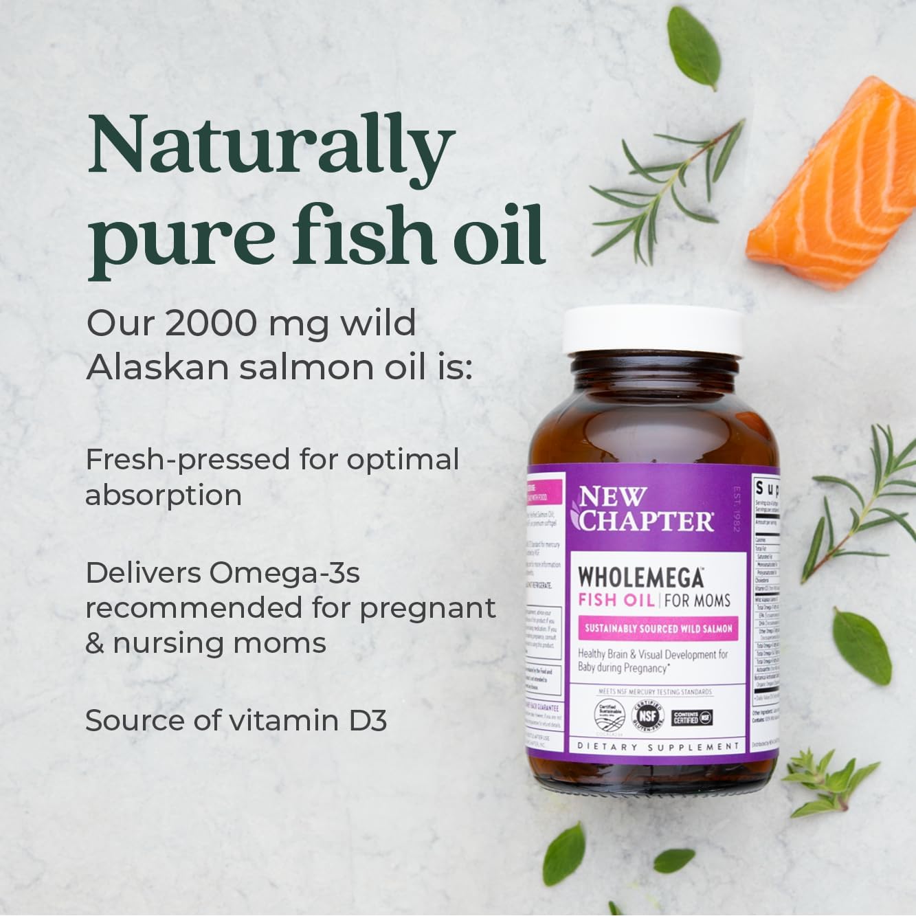 Prenatal & Postnatal Support Fish Oil Supplement with DHA, Omega-3, and Vitamin D3 - 90 Softgels, 500mg by New Chapter Wholemega for Moms - BoostGo Australia