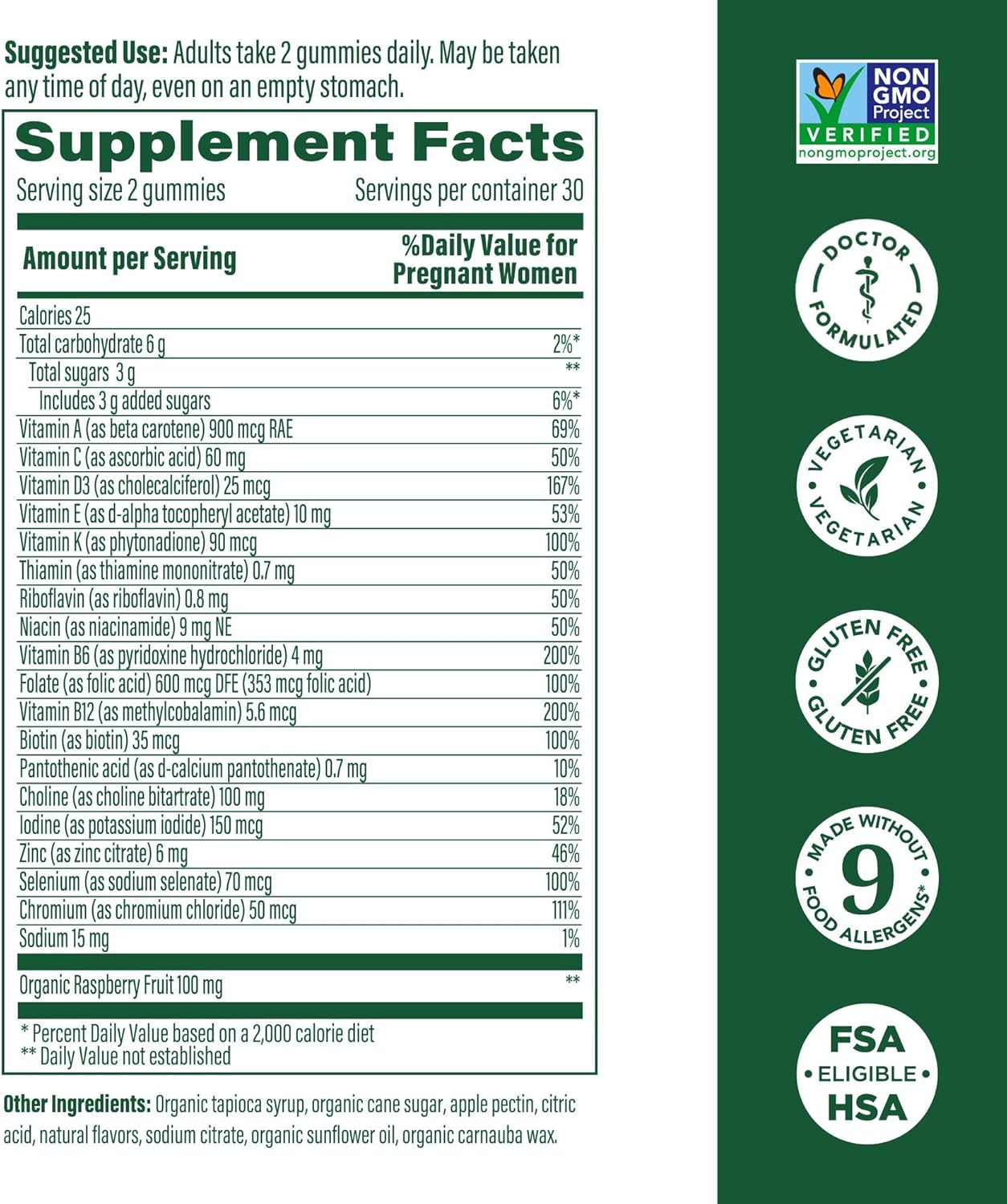 Prenatal Vitamin Gummies with Folic Acid & Choline for Baby's Brain - Red Raspberry Flavor - 60 Gummies