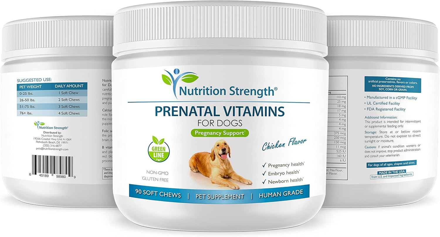 Prenatal Vitamins for Dogs with Folic Acid, Iron, Zinc, Iodine, B Vitamins, 90 Soft Chews for Healthy Puppies and Milk Production