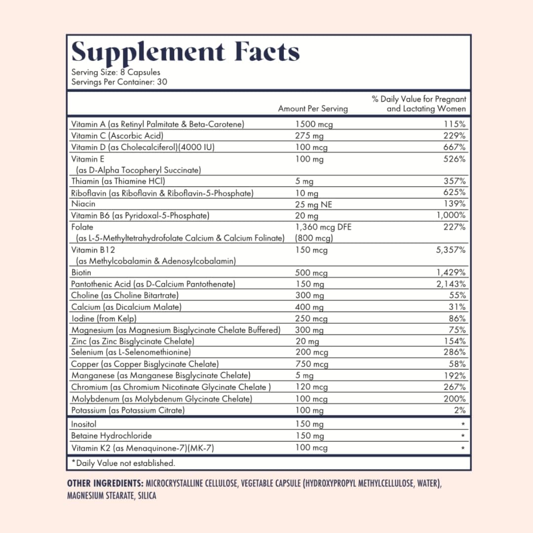 Prenatal Vitamins with Choline, Folate, and Vitamin D for Fetal Growth and Brain Development - 26 Essential Nutrients - Dietitian-Formulated - OBGYN Recommended - Non-GMO - 30 Servings