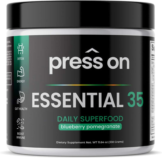Press On Boto Daily Essential 35: Super Greens Powder for Detox, Energy, Immune Support, Antioxidants, with Probiotics & Digestive Enzymes, Original Flavor, 30 Servings