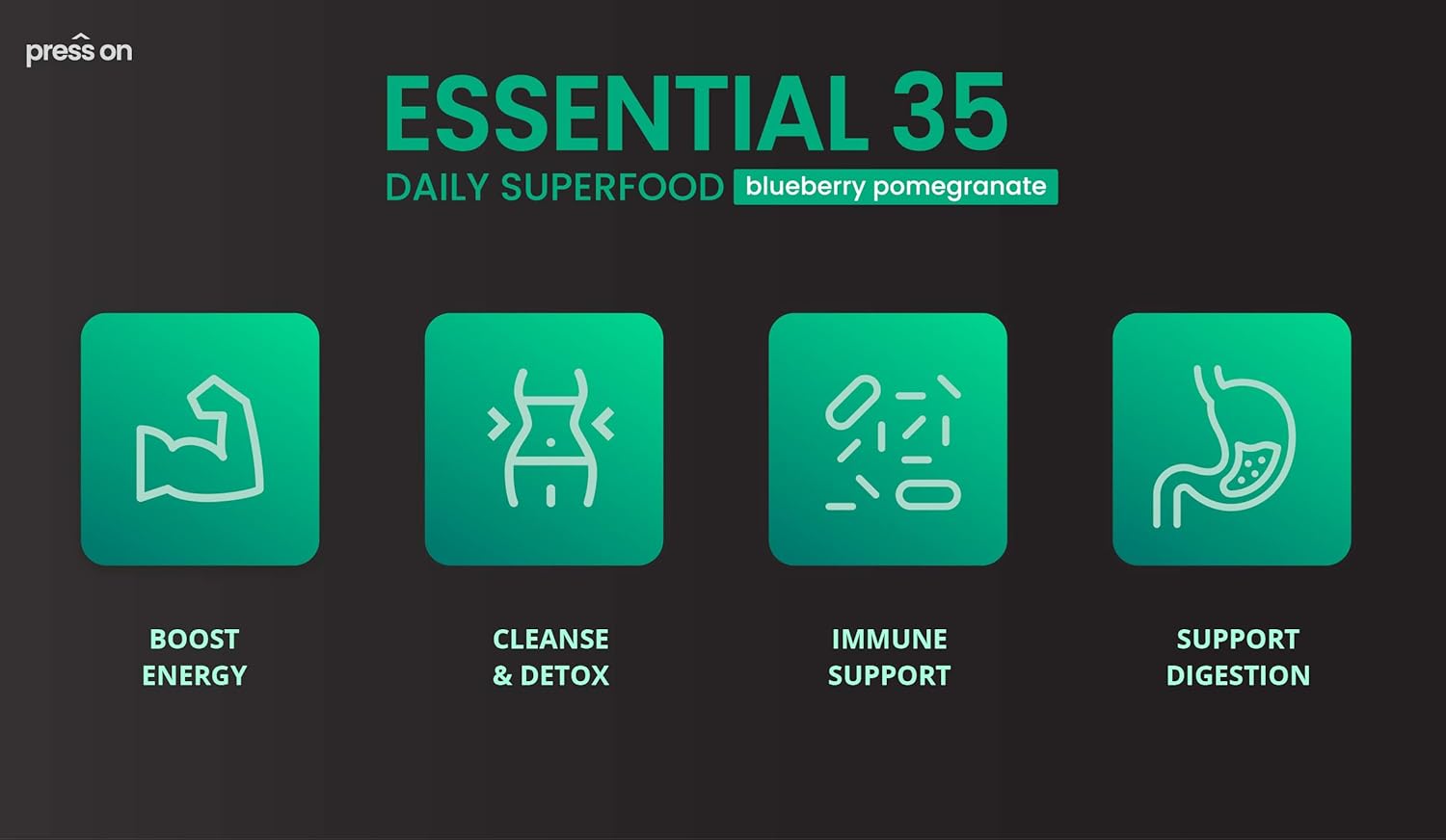 Press On Boto Daily Essential 35: Super Greens Powder for Detox, Energy, Immune Support, Antioxidants, with Probiotics & Digestive Enzymes, Original Flavor, 30 Servings