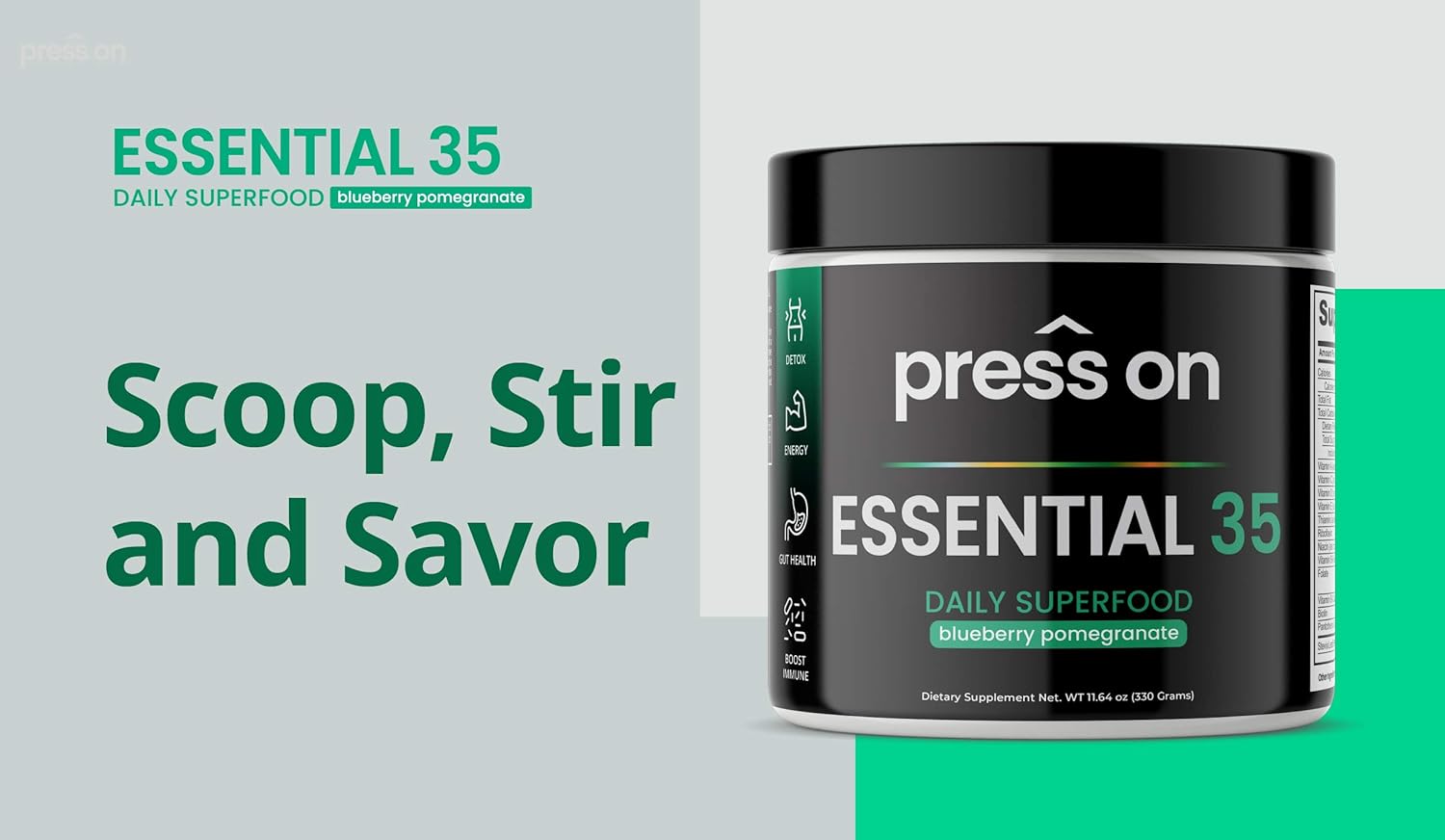 Press On Boto Daily Essential 35: Super Greens Powder for Detox, Energy, Immune Support, Antioxidants, with Probiotics & Digestive Enzymes, Original Flavor, 30 Servings