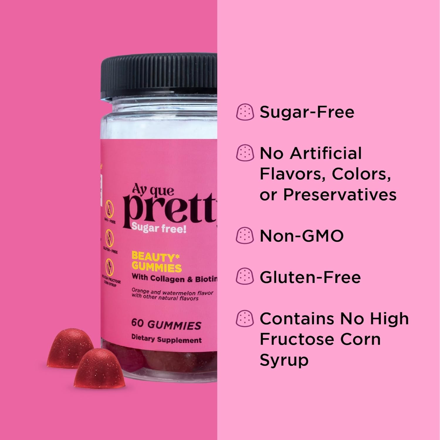 Pretty Gummy Hair, Skin, and Nails Supplement with Biotin & Collagen - Orange & Watermelon Flavor - 60 Count for Adults