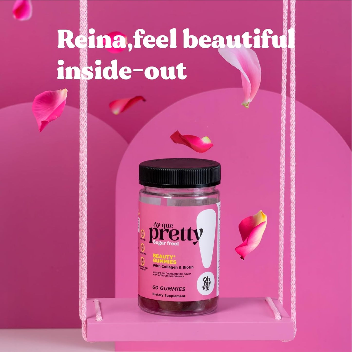 Pretty Gummy Hair, Skin, and Nails Supplement with Biotin & Collagen - Orange & Watermelon Flavor - 60 Count for Adults