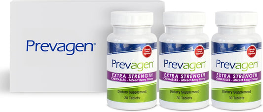 Prevagen Extra Strength 20mg Chewables, Mixed Berry Flavor, 3 Pack with Apoaequorin & Vitamin D - Includes Stackable Storage Box