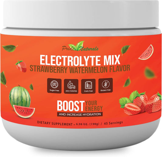 Pride Naturals Inc Electrolyte Powder - Strawberry Watermelon Flavor, Sugar Free & Gluten Free Workout Recovery Drink with Immune Boosting Vitamins - 198g