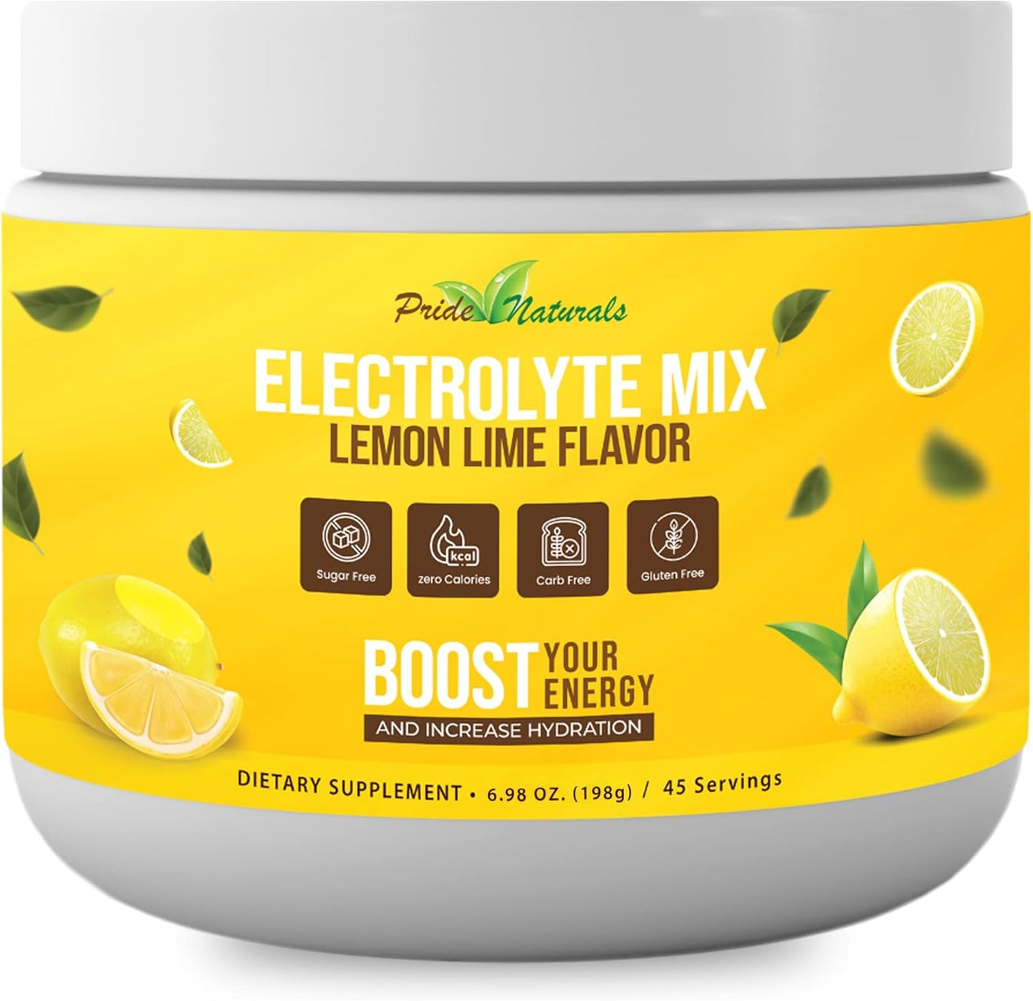 Pride Naturals Inc Electrolyte Powder - Sugar Free Lemon Lime Hydration Beverage for Keto & Paleo, with Immune Boosting Vitamins, Gluten Free & Vegan (198g)