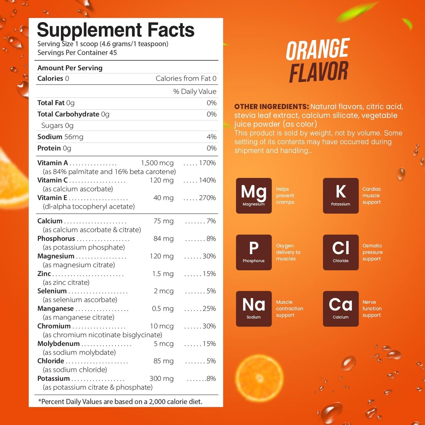 Pride Naturals Inc Electrolyte Powder - Sugar Free Gluten Free Vegan Keto Paleo Hydration Beverage with Immune Boosting Vitamins - Refreshing Workout Recovery Drink (198g, Orange)