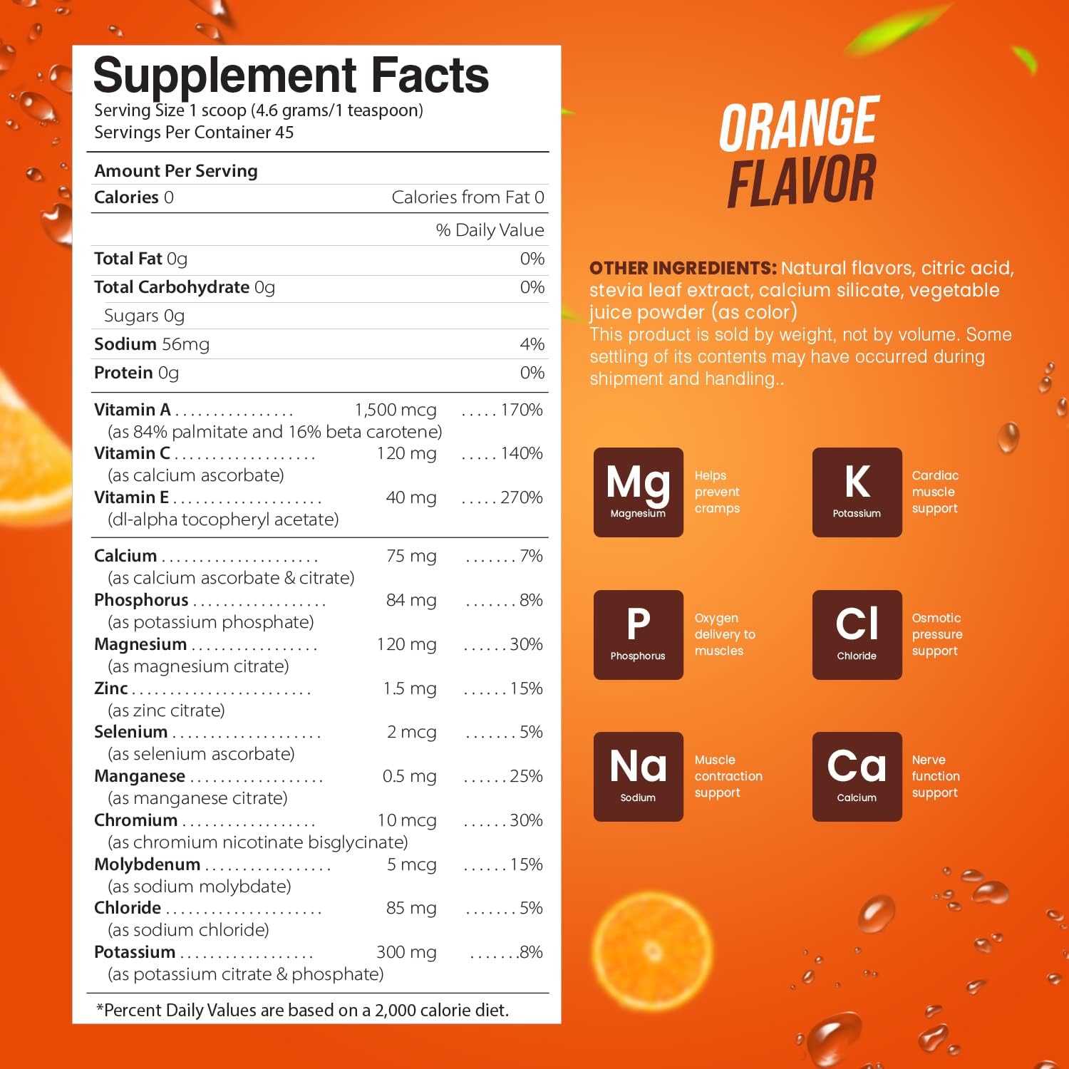 Pride Naturals Inc Electrolyte Powder - Sugar Free Gluten Free Vegan Keto Paleo Hydration Beverage with Immune Boosting Vitamins - Refreshing Workout Recovery Drink (198g, Orange)