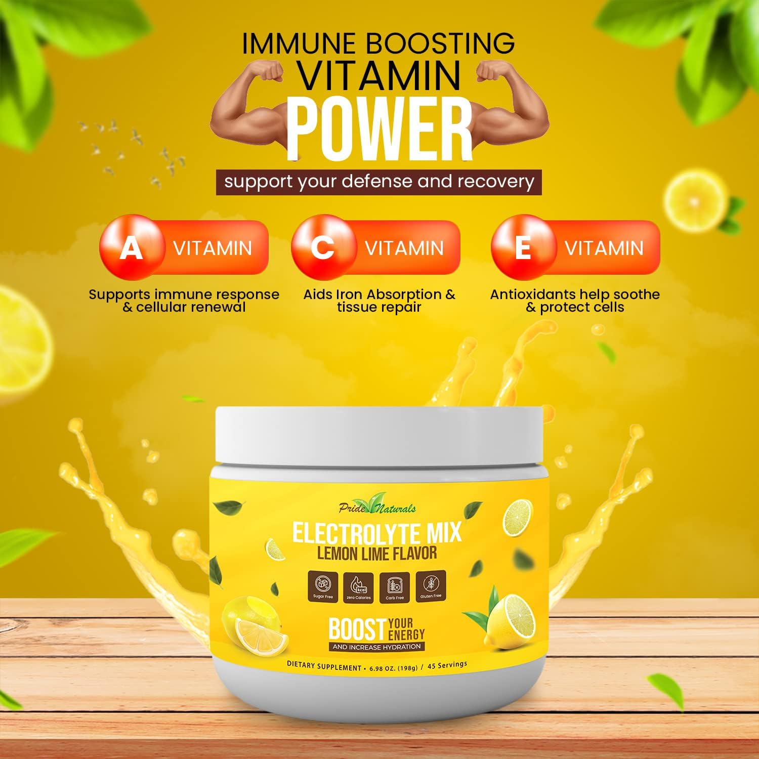 Pride Naturals Inc Electrolyte Powder - Sugar Free Lemon Lime Hydration Beverage for Keto & Paleo, with Immune Boosting Vitamins, Gluten Free & Vegan (198g)
