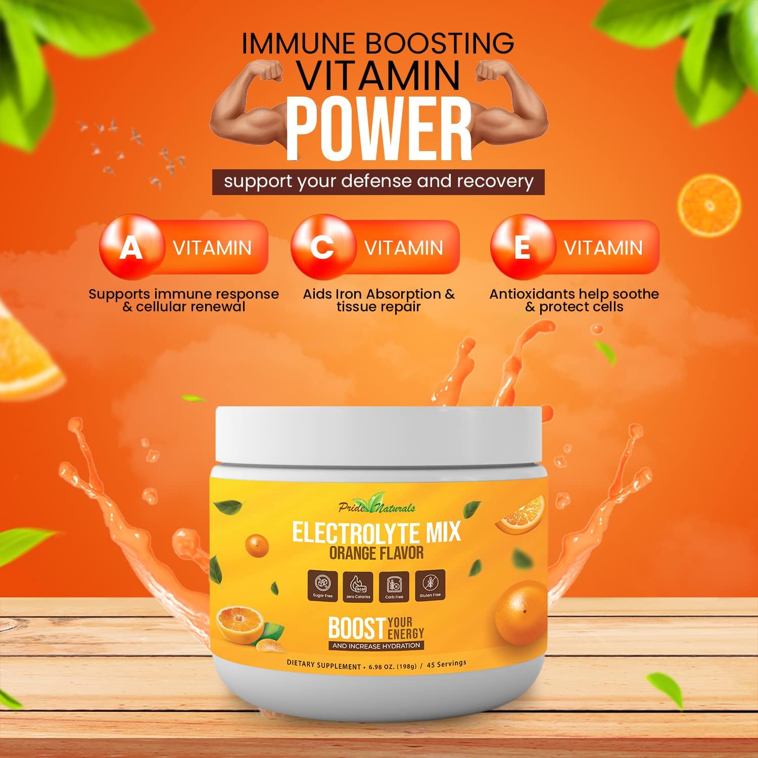 Pride Naturals Inc Electrolyte Powder - Sugar Free Gluten Free Vegan Keto Paleo Hydration Beverage with Immune Boosting Vitamins - Refreshing Workout Recovery Drink (198g, Orange)