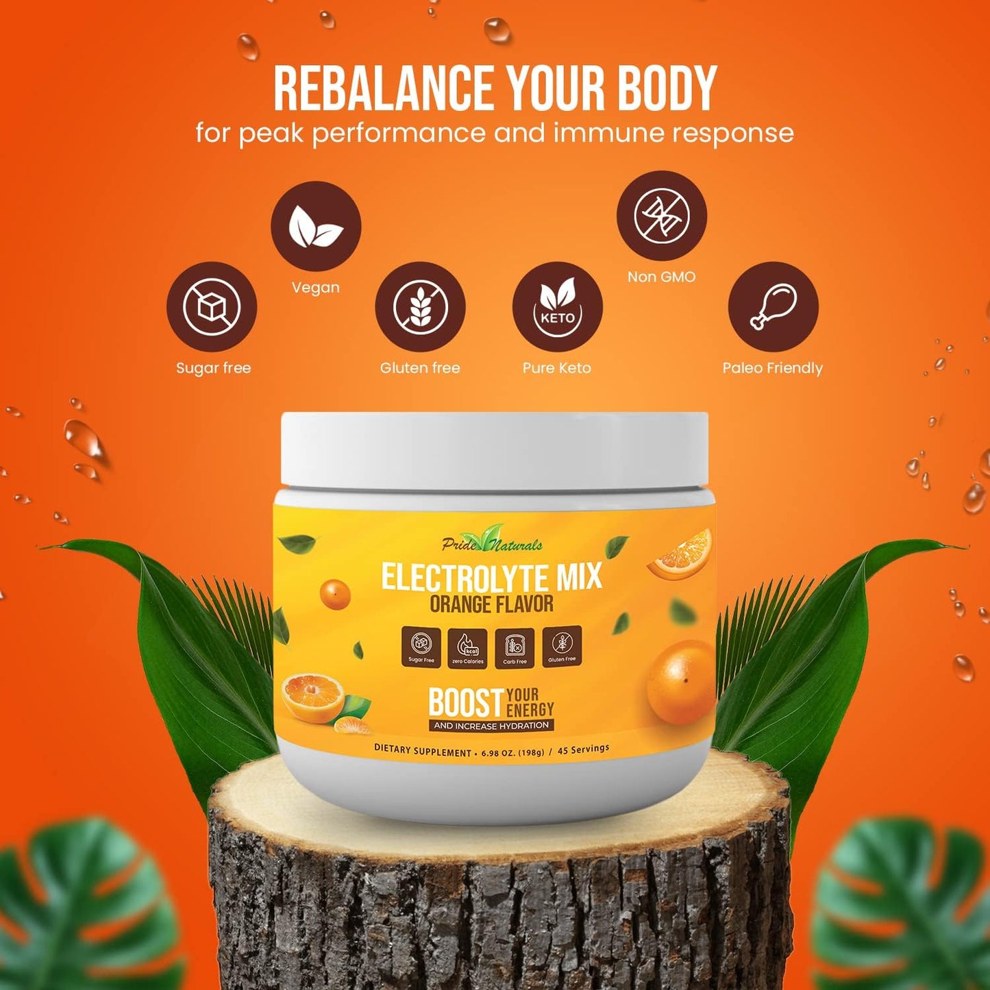Pride Naturals Inc Electrolyte Powder - Sugar Free Gluten Free Vegan Keto Paleo Hydration Beverage with Immune Boosting Vitamins - Refreshing Workout Recovery Drink (198g, Orange)