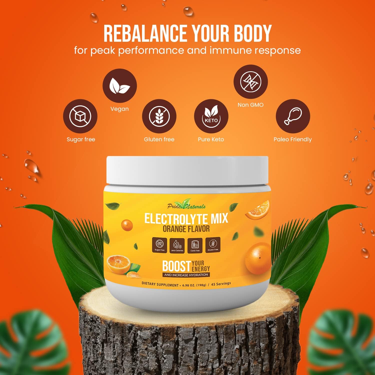 Pride Naturals Inc Electrolyte Powder - Sugar Free Gluten Free Vegan Keto Paleo Hydration Beverage with Immune Boosting Vitamins - Refreshing Workout Recovery Drink (198g, Orange)