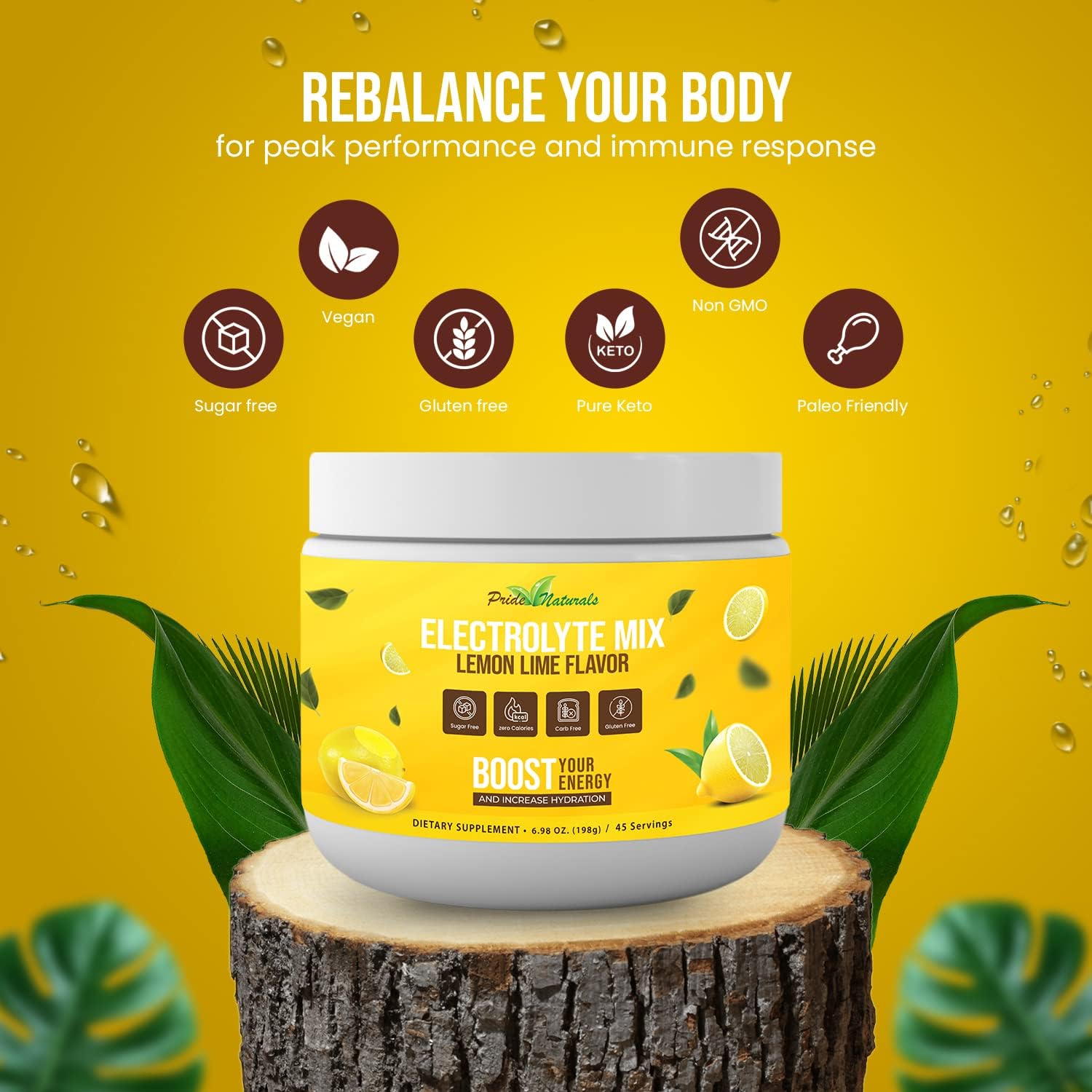Pride Naturals Inc Electrolyte Powder - Sugar Free Lemon Lime Hydration Beverage for Keto & Paleo, with Immune Boosting Vitamins, Gluten Free & Vegan (198g)