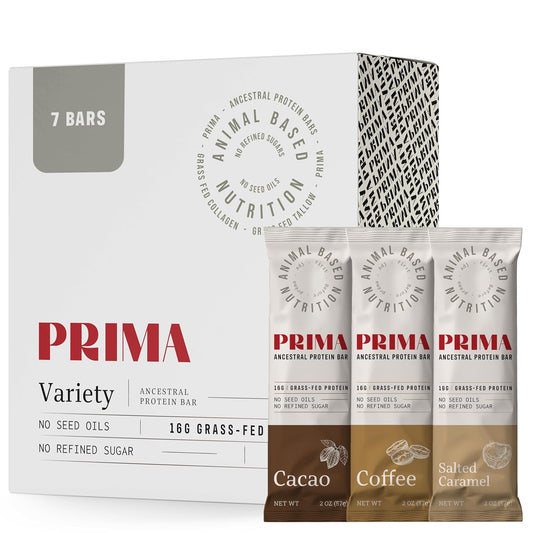 PRIMA Grass Fed Protein Bars Variety Pack - Animal-Based Bars with Beef Tallow, Raw Honey, Seed Oil Free, Low Carb, Gluten-Free - Healthy Energy Snacks (7 Pack)