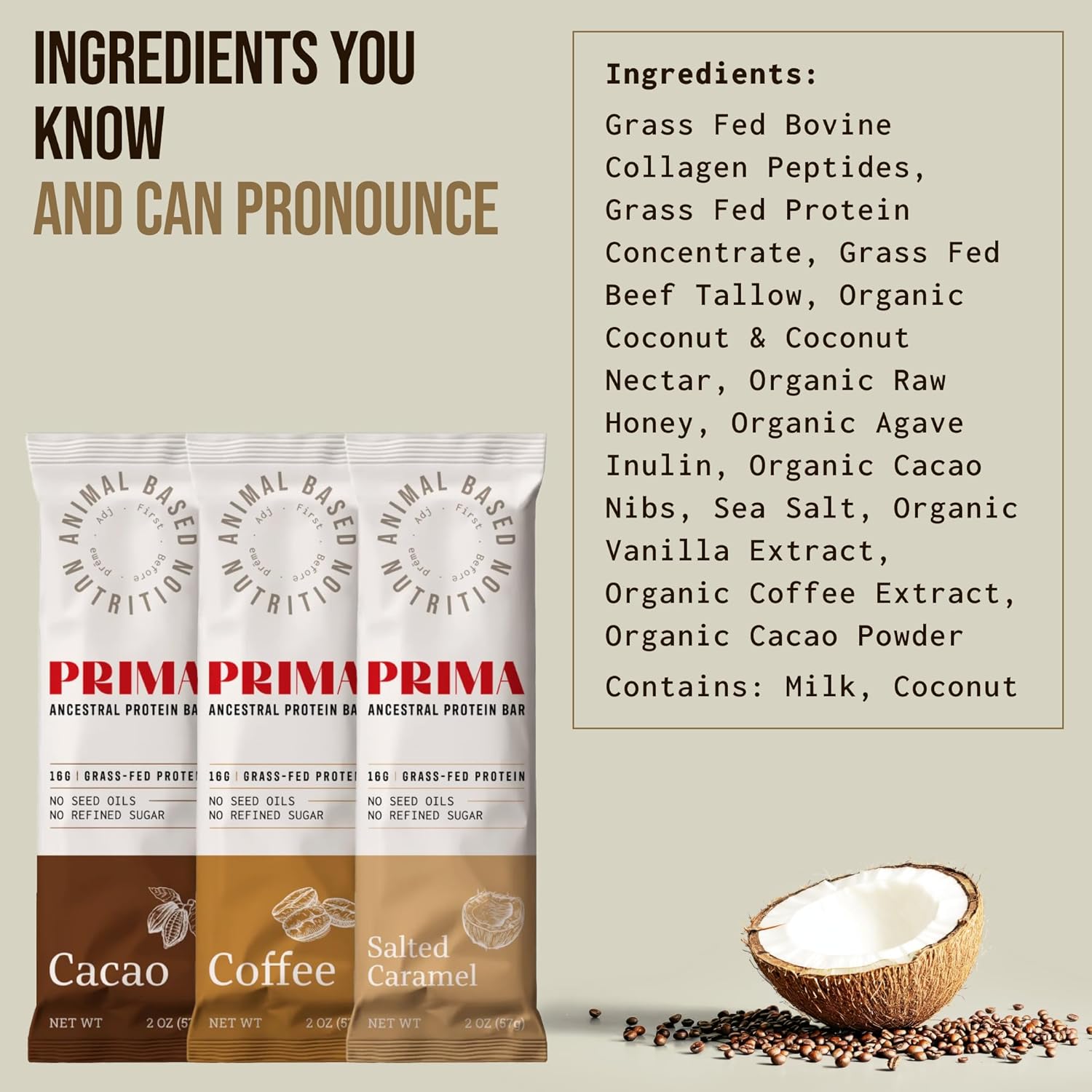 PRIMA Grass Fed Protein Bars Variety Pack - Animal-Based Bars with Beef Tallow, Raw Honey, Seed Oil Free, Low Carb, Gluten-Free - Healthy Energy Snacks (7 Pack)