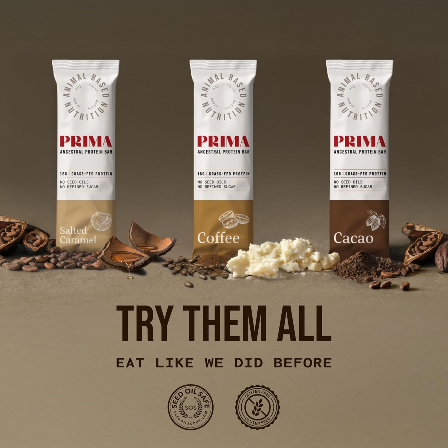 PRIMA Grass Fed Protein Bars Variety Pack - Animal-Based Bars with Beef Tallow, Raw Honey, Seed Oil Free, Low Carb, Gluten-Free - Healthy Energy Snacks (7 Pack)