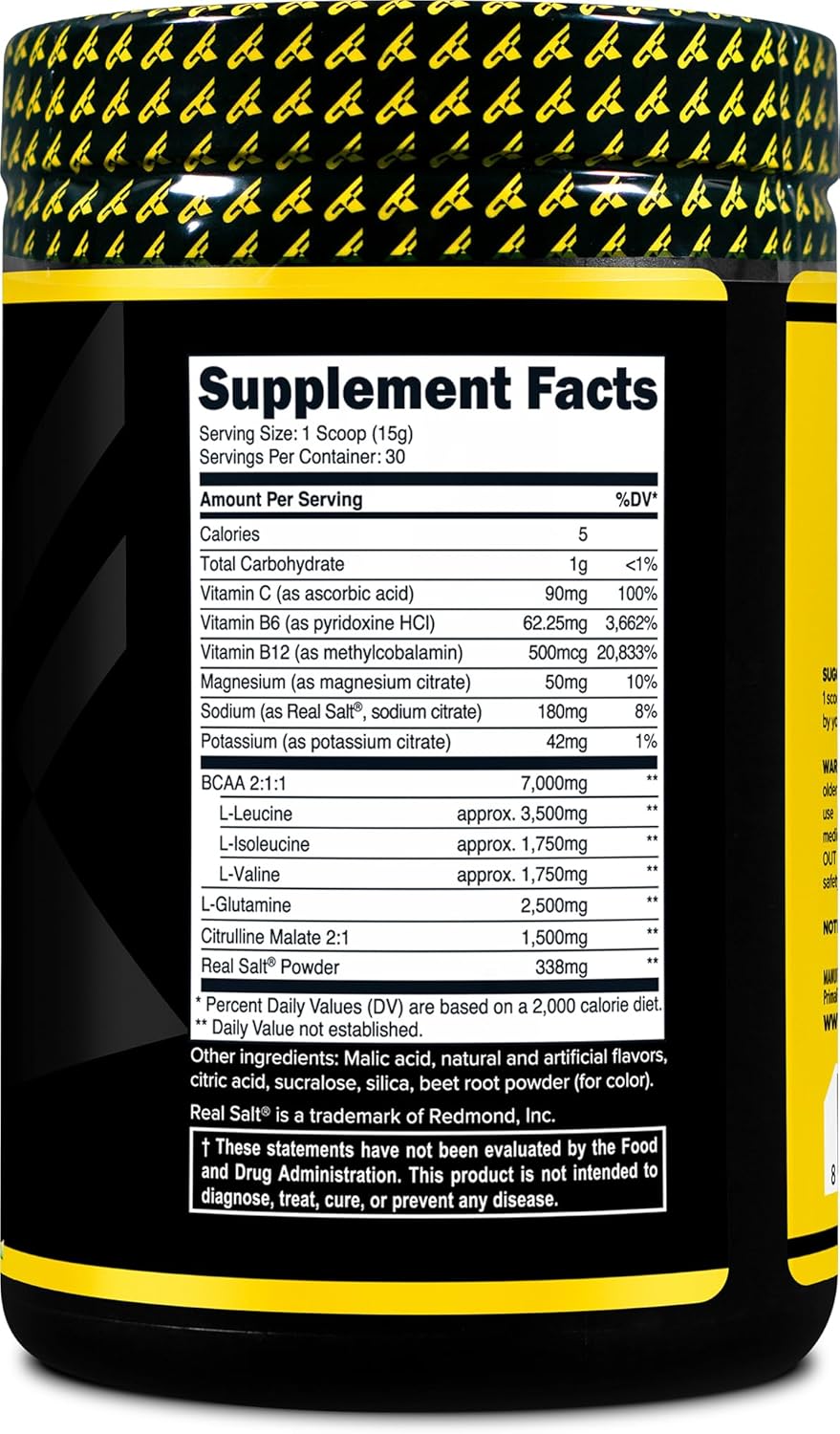 Primaforce Watermelon BCAA Powder - 7000MG 2:1:1 BCAAs, 30 Servings, Post-Workout Recovery Drink with Amino Acids and Real Salt for Men & Women