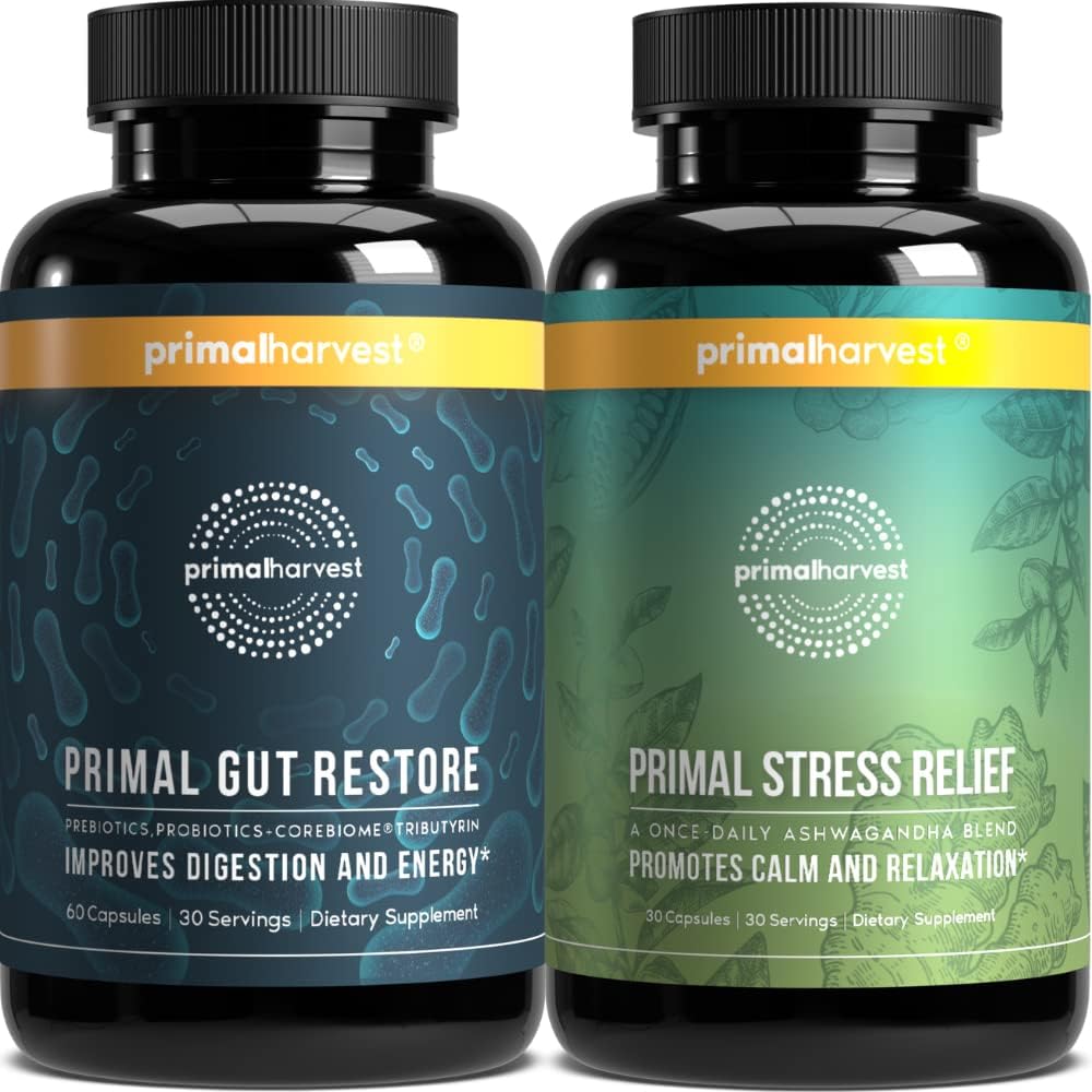 Primal Harvest Gut Restore and Stress Relief Bundle - Ashwagandha Capsules & Colon Cleanse Pills for Men and Women