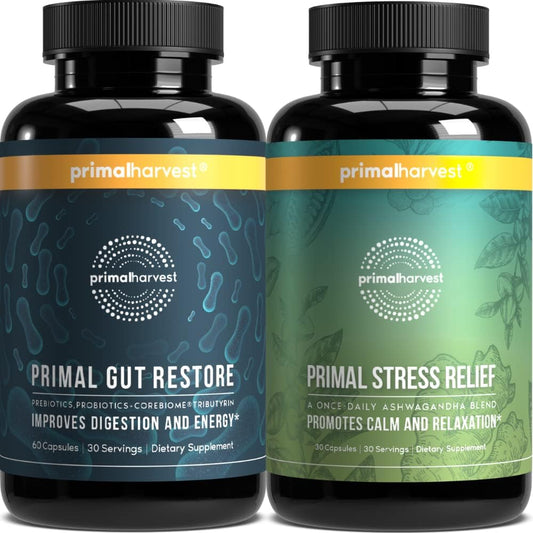 Primal Harvest Gut Restore and Stress Relief Bundle - Ashwagandha Capsules & Colon Cleanse Pills for Men and Women