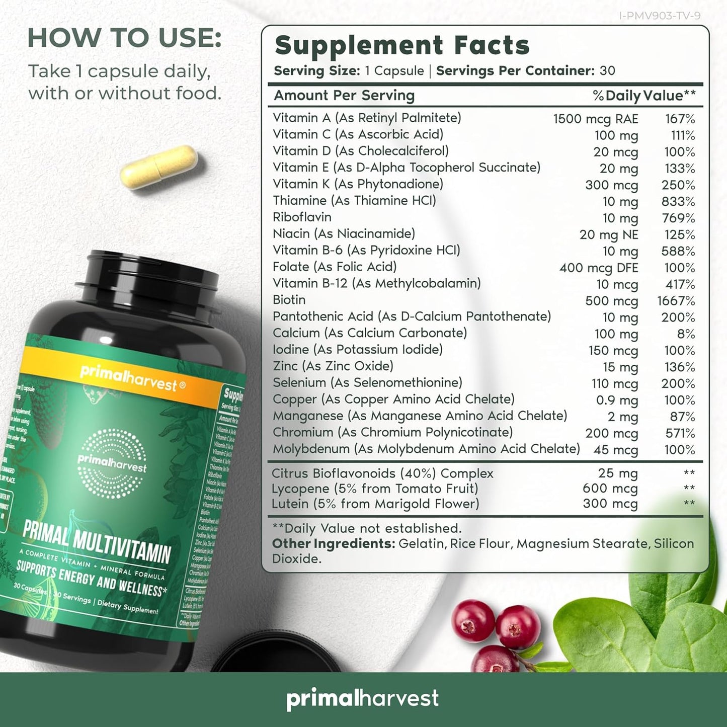 Primal Harvest Multivitamin with Essential Vitamins for Women & Men - A, C, D, E, B12, B6, Biotin, Zinc (30 Caps)