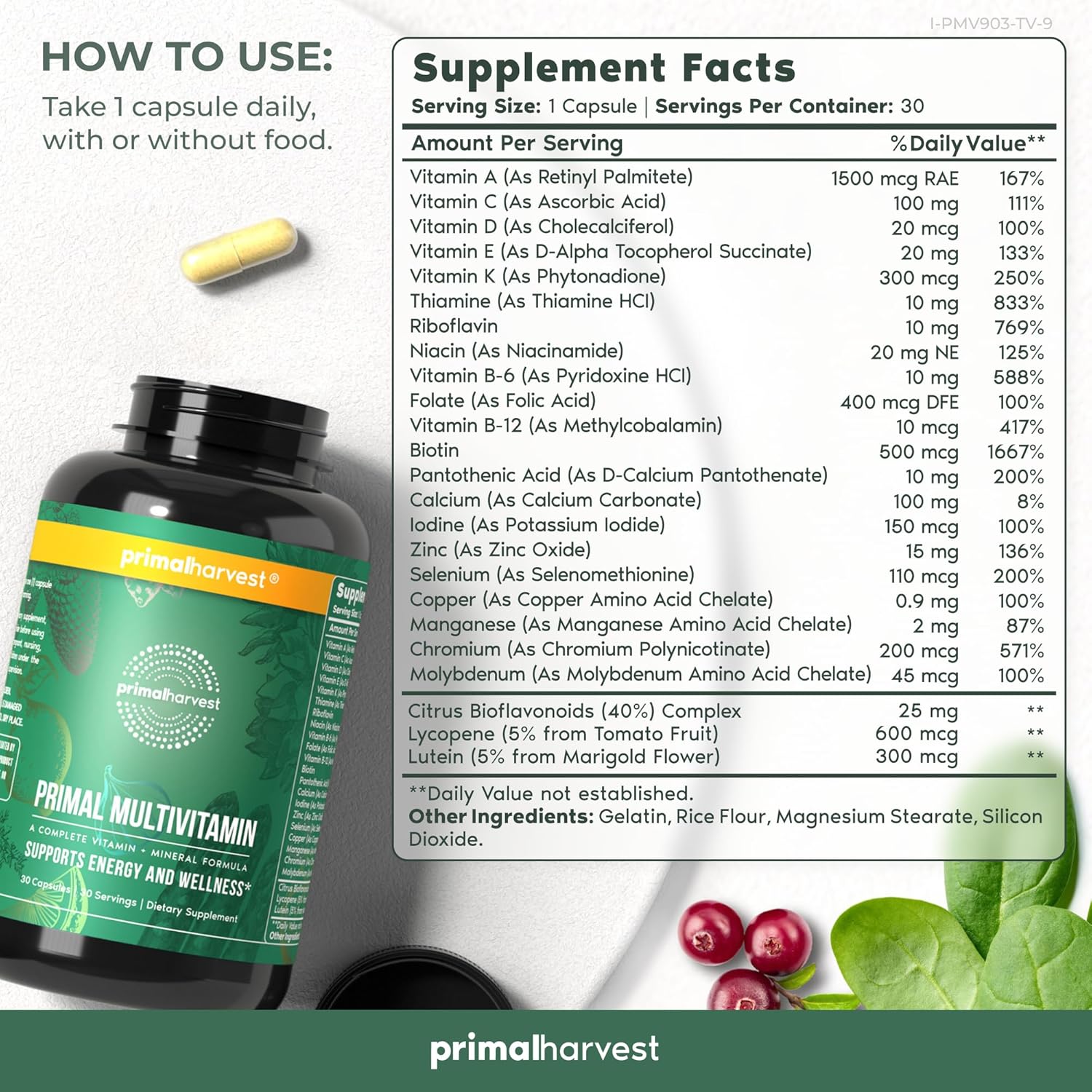 Primal Harvest Multivitamin with Essential Vitamins for Women & Men - A, C, D, E, B12, B6, Biotin, Zinc (30 Caps)