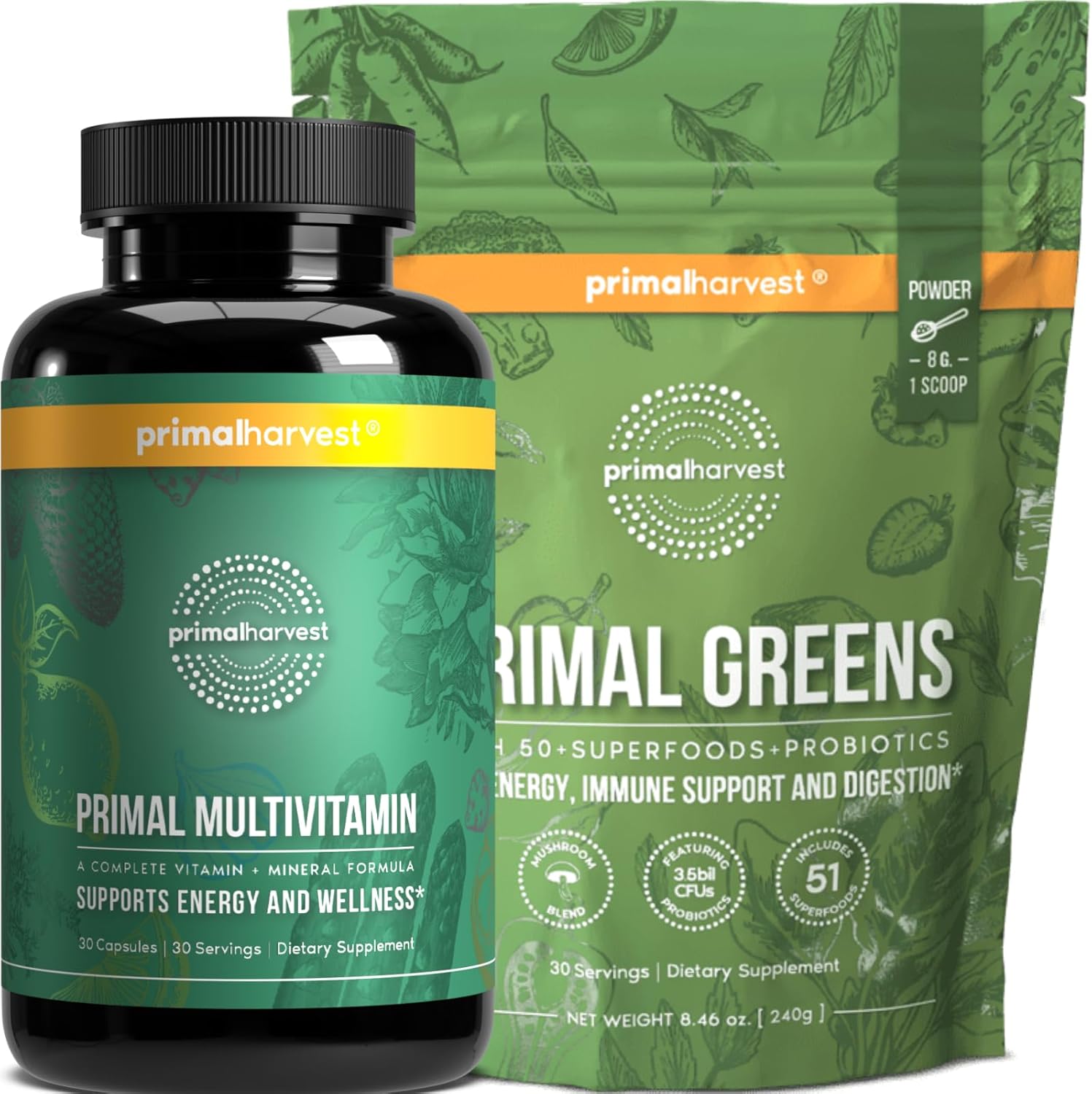 Primal Harvest Primal Greens and Multivitamin Bundle - Boost Energy, Immunity, & Wellness (30 Servings)