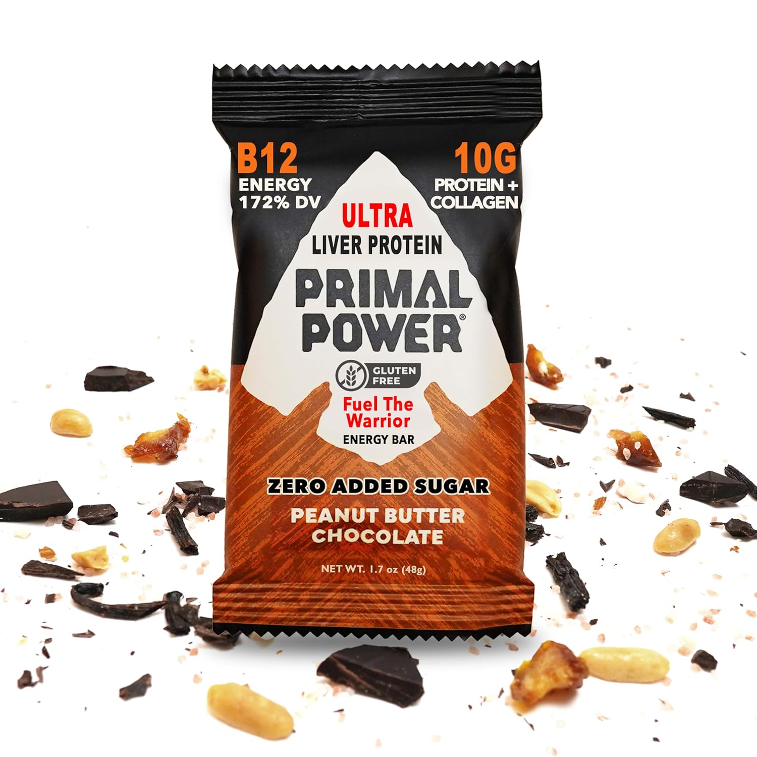 Primal Power Liver Nutrition Bars - B12 Energy Boost, 10g Protein, Vitamins, Collagen, Gluten Free - 12 Pack Peanut Butter Chocolate Flavor