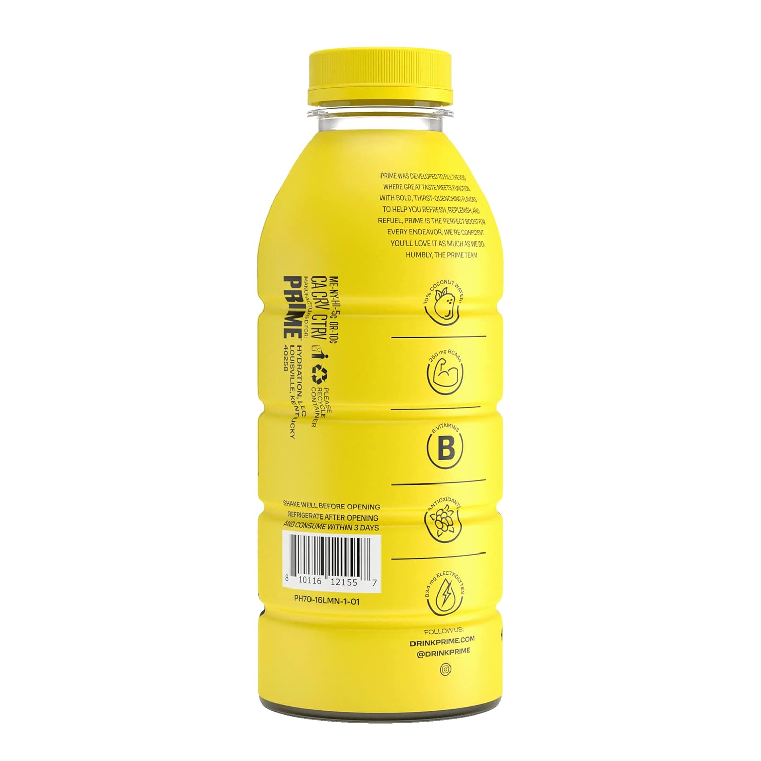 Prime Hydration Lemonade: Electrolyte-Enhanced Sports Drink with BCAAs, B Vitamins, and Antioxidants - 12 Pack of 16.9 oz Bottles