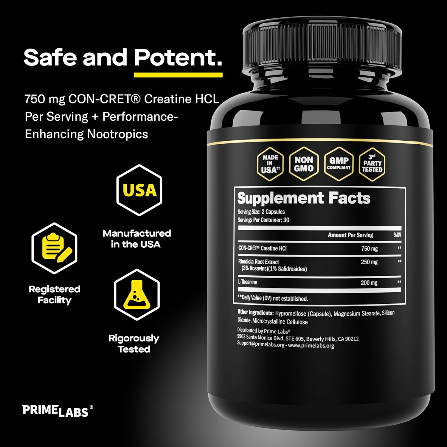 Prime Labs Concrete Creatine HCl Capsules with CON-CRĒT®, Rhodiola Root Extract, L-Theanine - Muscle Support, Endurance, Cognitive Function - 60 Count - Men & Women - BoostGo Australia