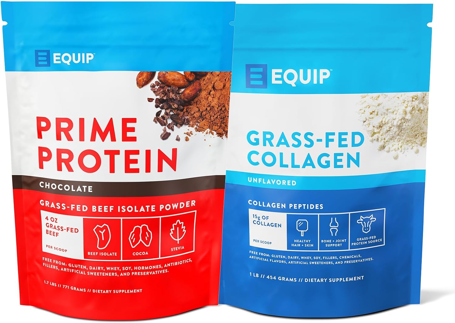 Prime Protein Powder Chocolate & Grass Fed Collagen Powder Unflavored by Equip Foods