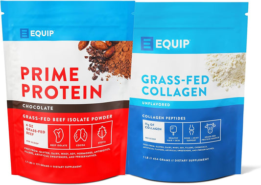Prime Protein Powder Chocolate & Grass Fed Collagen Powder Unflavored by Equip Foods