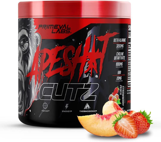 Primeval Labs Ape Cutz Pre Workout Powder - Strawberry Peach Flavor | Boost Performance with Beta Alanine | Post Workout Energy Drink - 50 Servings