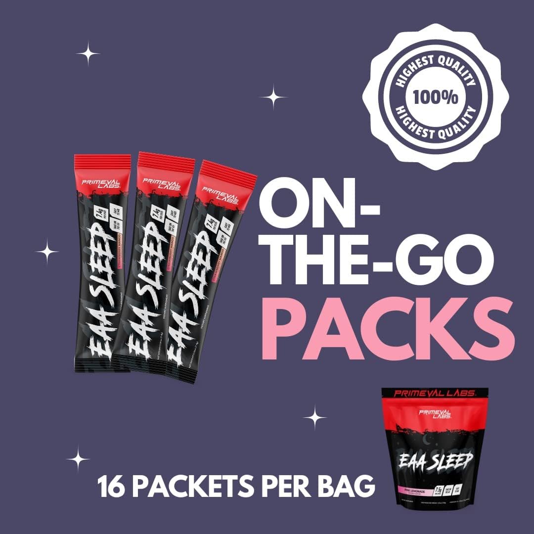 Primeval Labs EAA Max Sleep Stick Packs - Post Workout Recovery with BCAAs, EAAs, Electrolytes - Hydration & Performance Support - Keto Friendly - 16 Servings (Pink Lemonade)