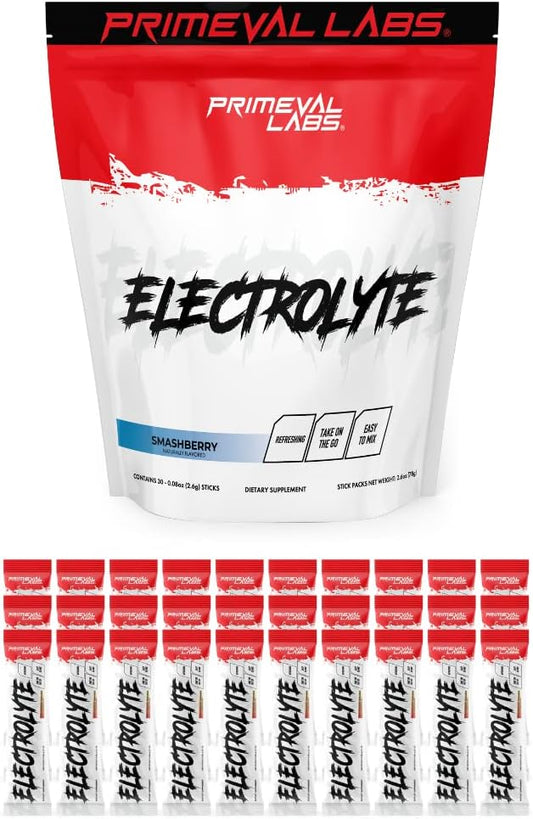 Primeval Labs Electrolyte Powder Packets - Sugar Free On-The-Go Hydration Drink Mix - 30 Single-Serving Stick Packs - Smashberry Flavor