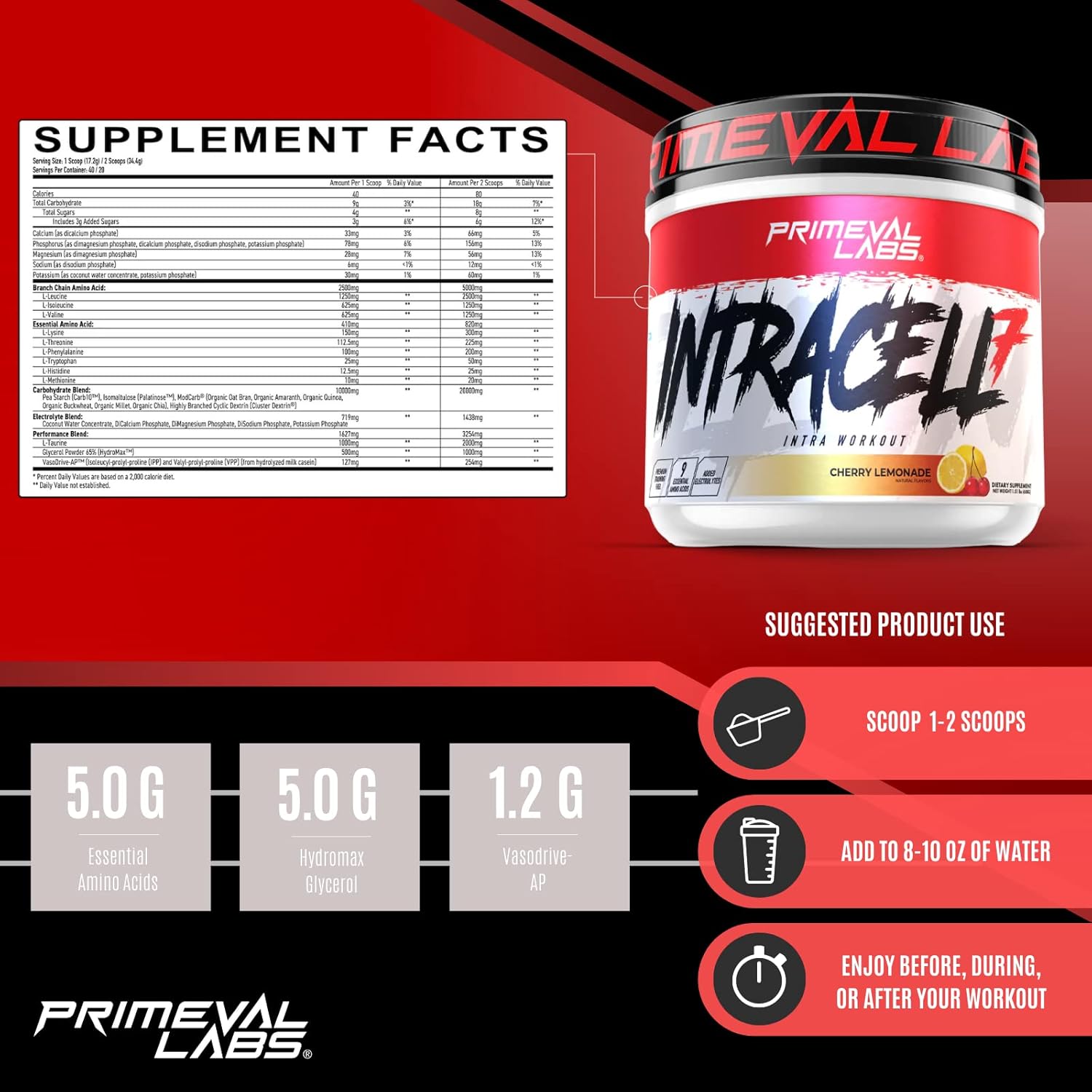 Primeval Labs Intracell 7 Intra Workout Fuel - Electrolytes, Carbs, Amino Acids, Blood Flow Enhancers - 40 Servings - Cherry Lemonade Flavor