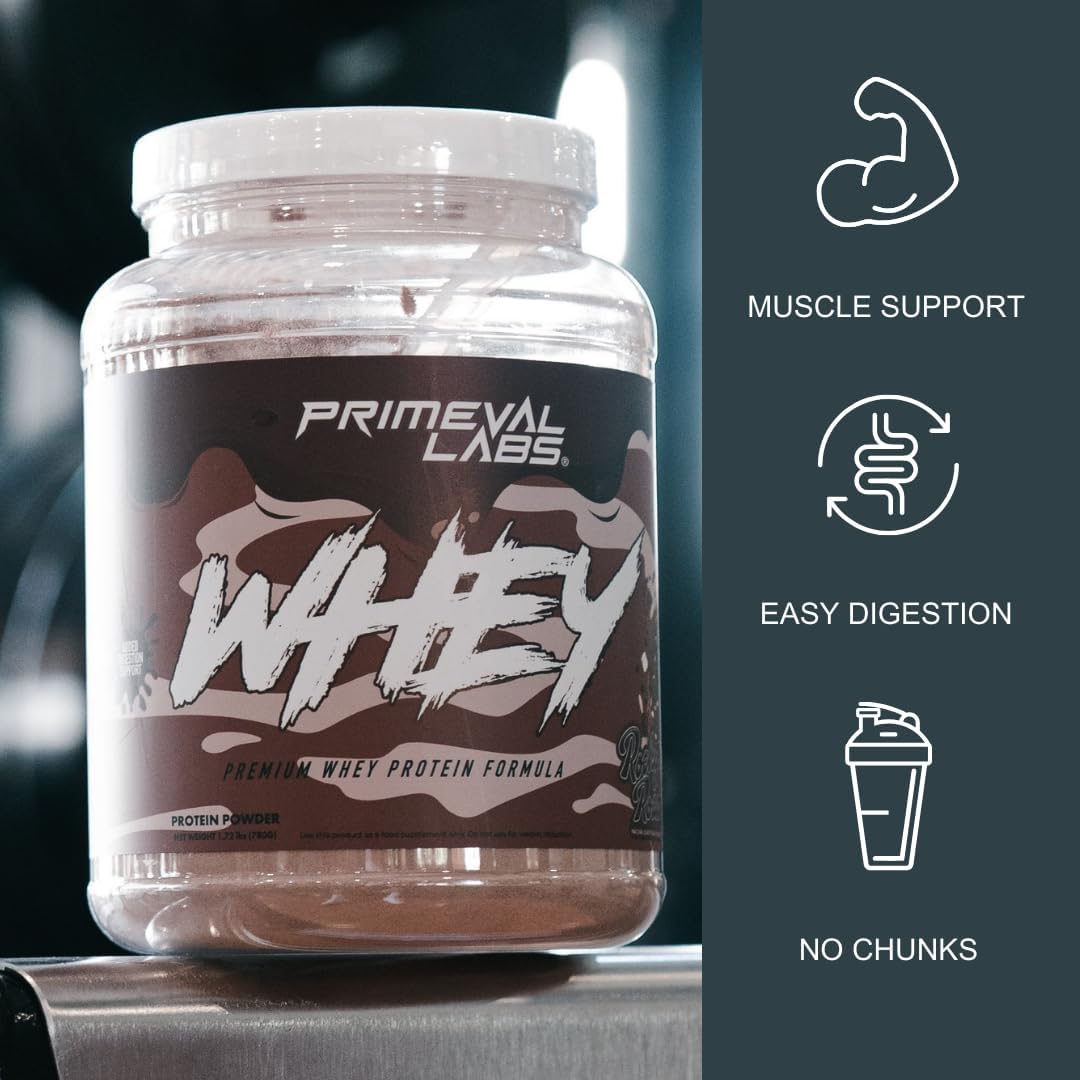 Primeval Labs Whey Protein Concentrate for Muscle Growth & Recovery - Easy to Mix Rocky Road Flavor - 20 Servings