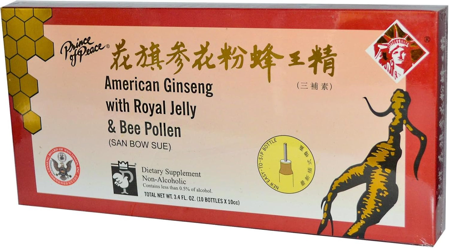 Prince of Peace American Ginseng with Royal Jelly & Bee Pollen Capsules - 100 Count (10 Boxes of 10 Capsules)