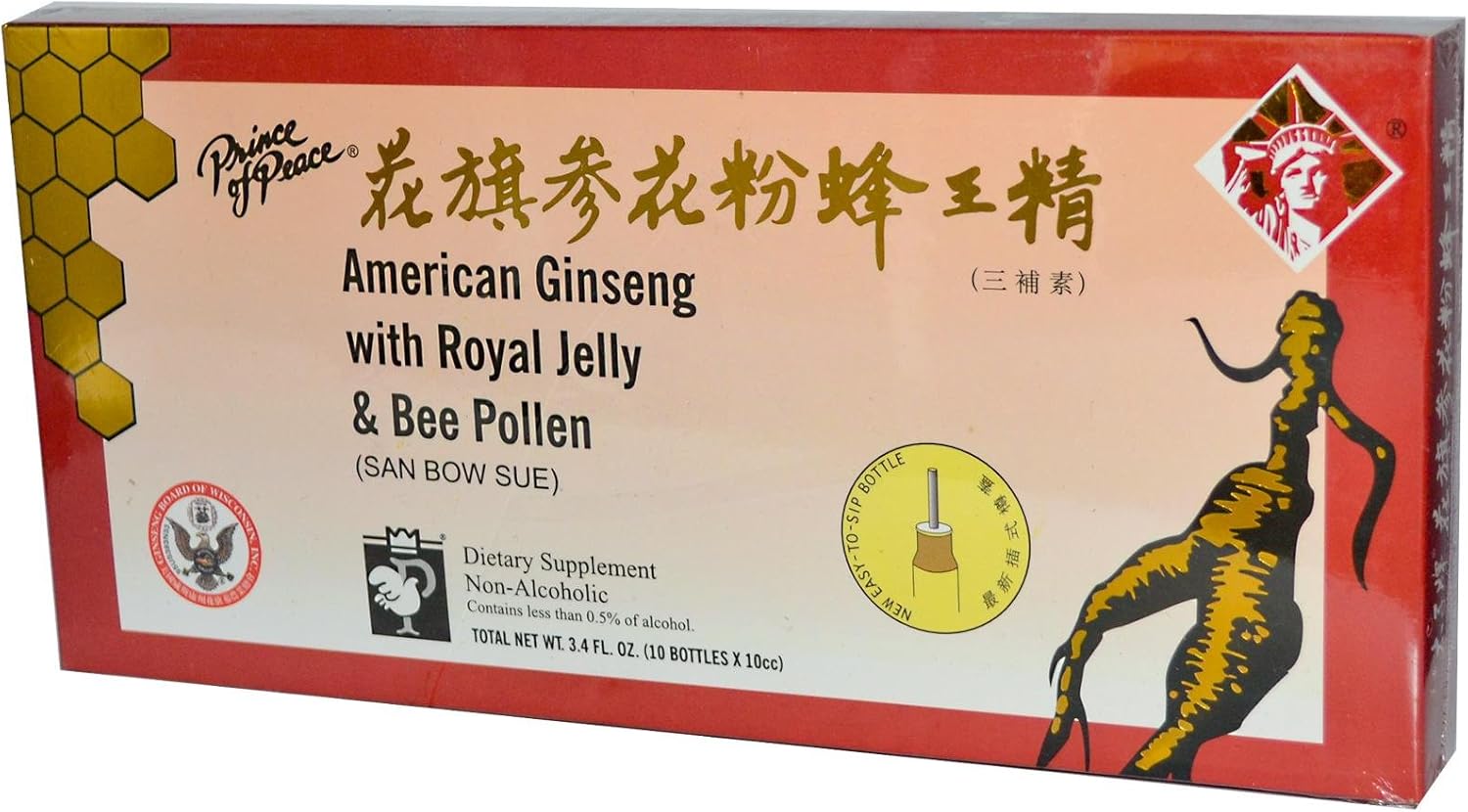 Prince of Peace American Ginseng with Royal Jelly & Bee Pollen Capsules - 100 Count (10 Boxes of 10 Capsules)