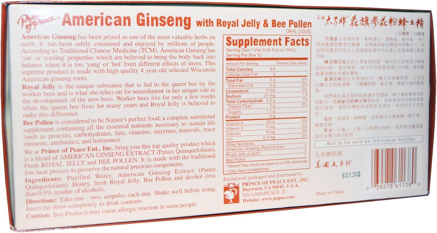 Prince Of Peace American Ginseng with Royal Jelly and Bee Pollen - 10 Vials