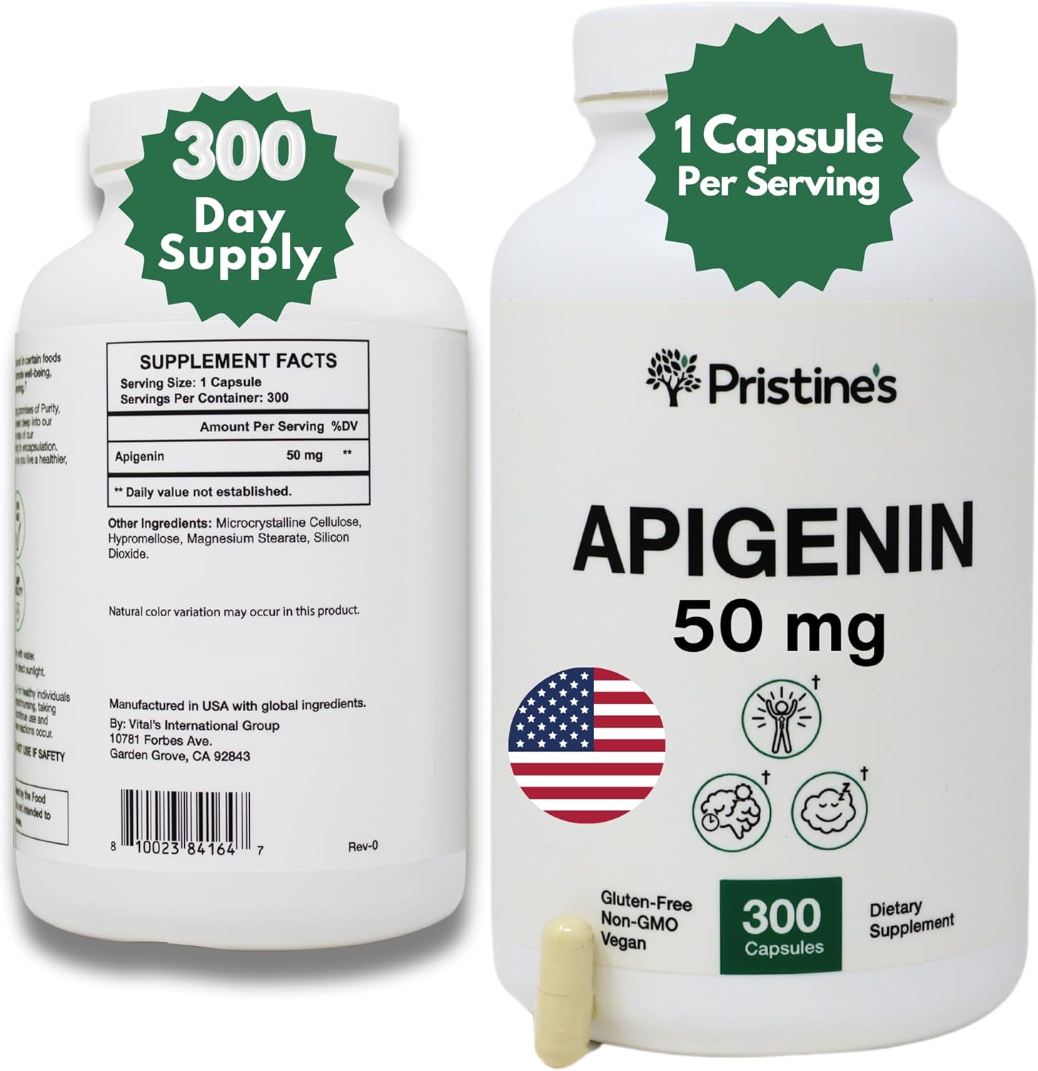 Pristine Apigenin 50mg Capsules - 300 Day Supply for Sleep, Prostate, Relaxation, Aging, Brain, Heart, Immunity - Chamomile Powder Supplement