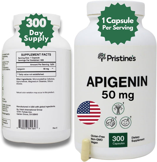 Pristine Apigenin 50mg Capsules - 300 Day Supply for Sleep, Prostate, Relaxation, Aging, Brain, Heart, Immunity - Chamomile Powder Supplement
