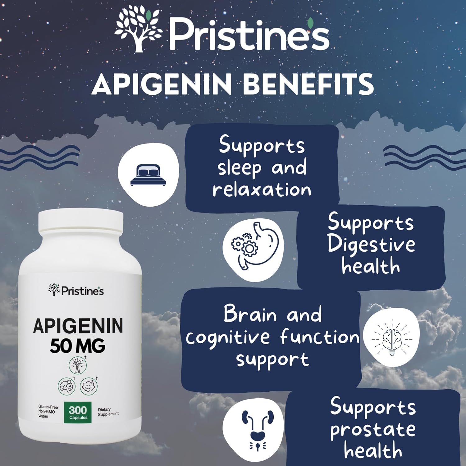 Pristine Apigenin 50mg Capsules - 300 Day Supply for Sleep, Prostate, Relaxation, Aging, Brain, Heart, Immunity - Chamomile Powder Supplement