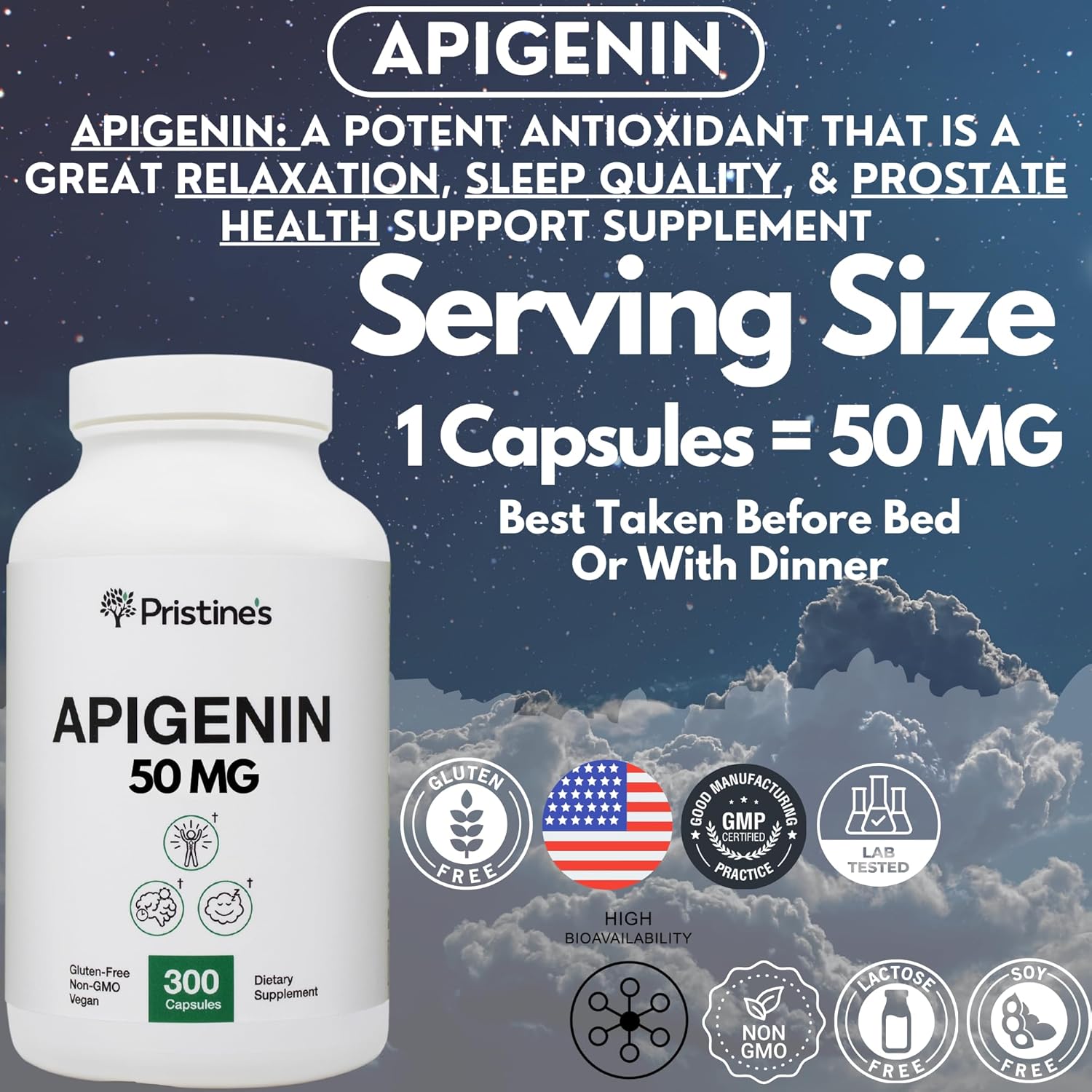 Pristine Apigenin 50mg Capsules - 300 Day Supply for Sleep, Prostate, Relaxation, Aging, Brain, Heart, Immunity - Chamomile Powder Supplement
