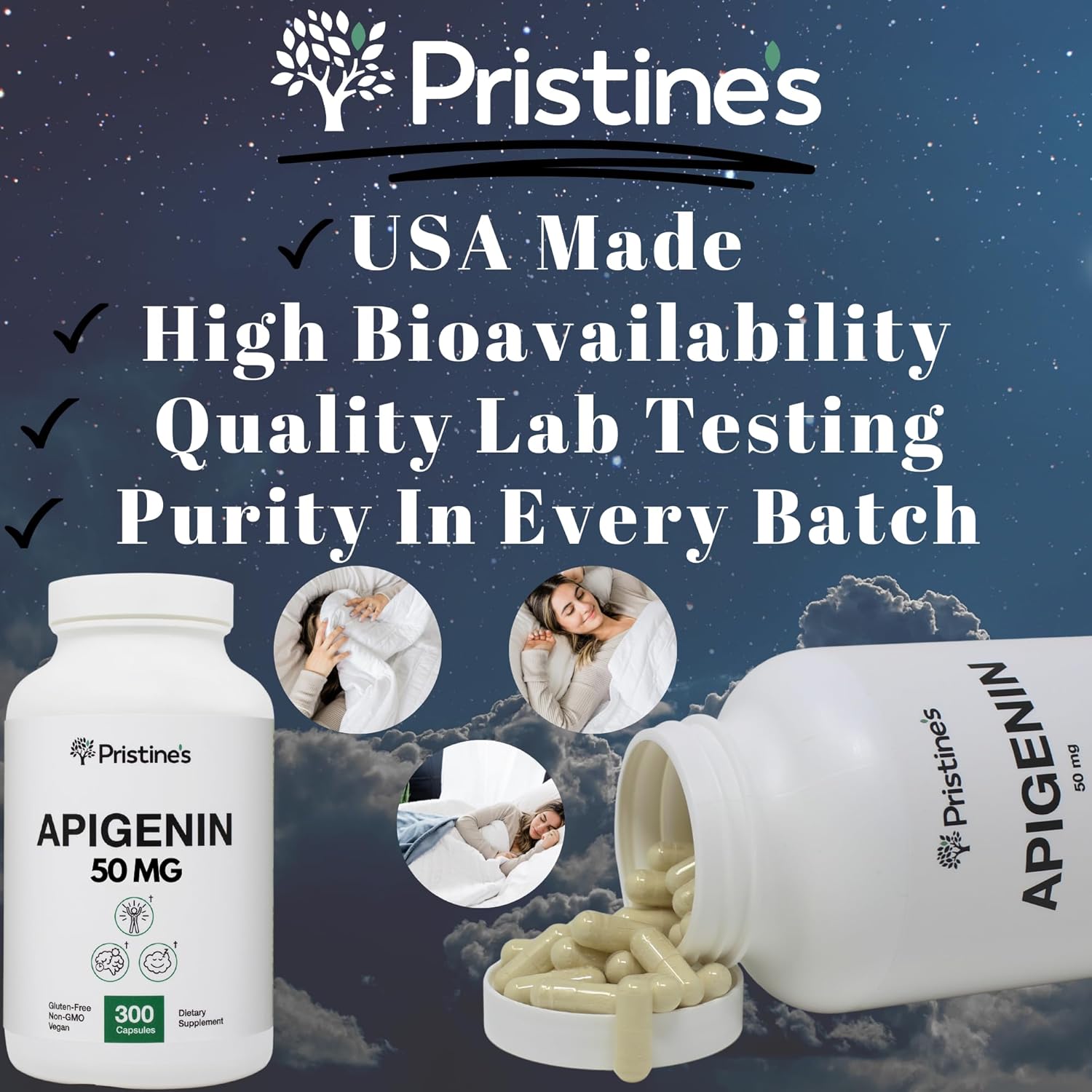 Pristine Apigenin 50mg Capsules - 300 Day Supply for Sleep, Prostate, Relaxation, Aging, Brain, Heart, Immunity - Chamomile Powder Supplement