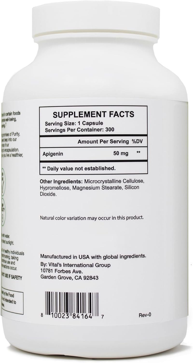 Pristine Apigenin 50mg Capsules - 300 Day Supply for Sleep, Prostate, Relaxation, Aging, Brain, Heart, Immunity - Chamomile Powder Supplement