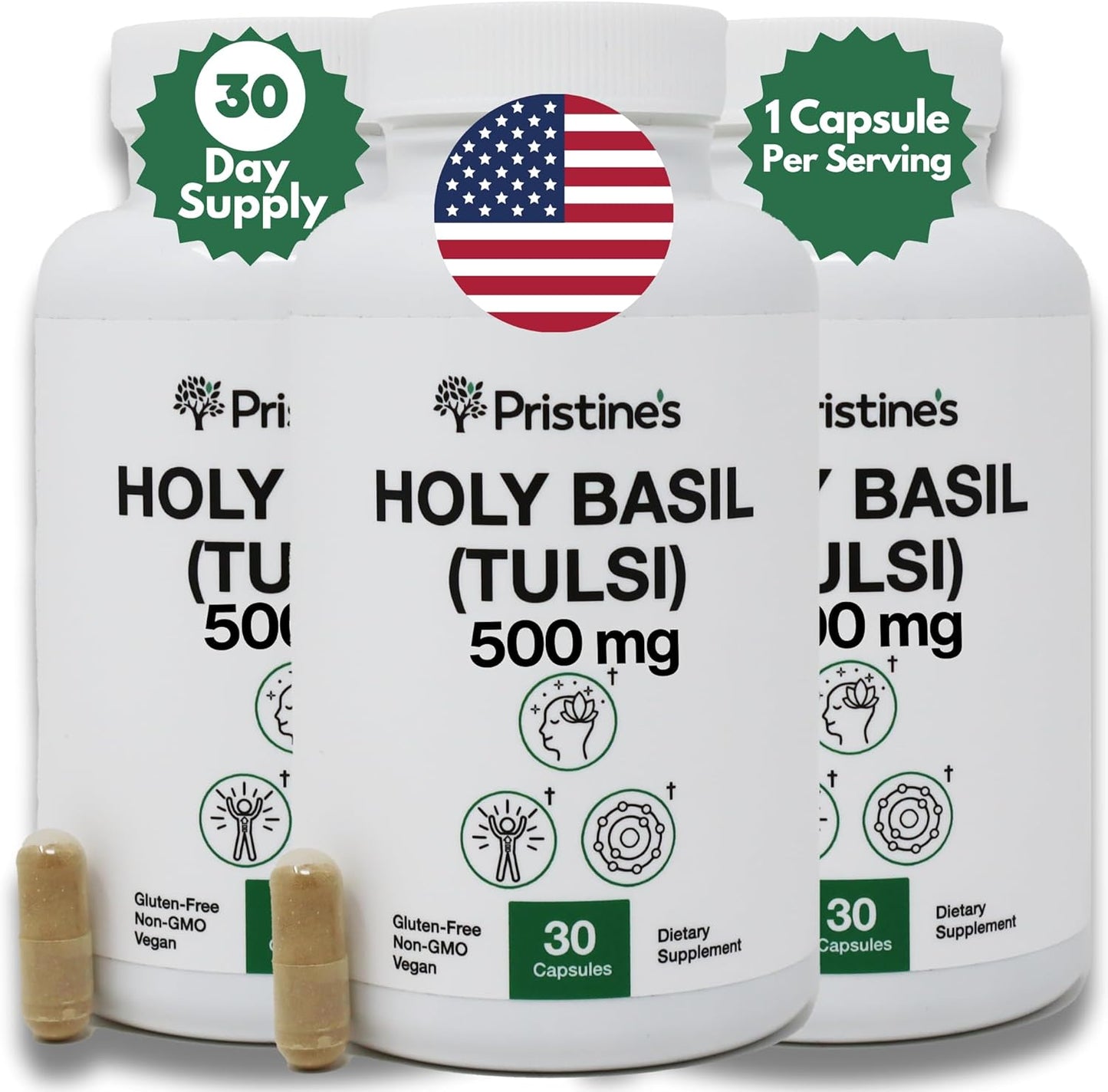 Pristine Holy Basil Leaf Capsules 500MG - Immunity & Relaxation Support - Adaptogen Supplement (3 Pack) - Vegan & Non-GMO - 90 Day Supply