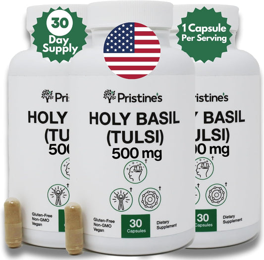 Pristine Holy Basil Leaf Capsules 500MG - Immunity & Relaxation Support - Adaptogen Supplement (3 Pack) - Vegan & Non-GMO - 90 Day Supply